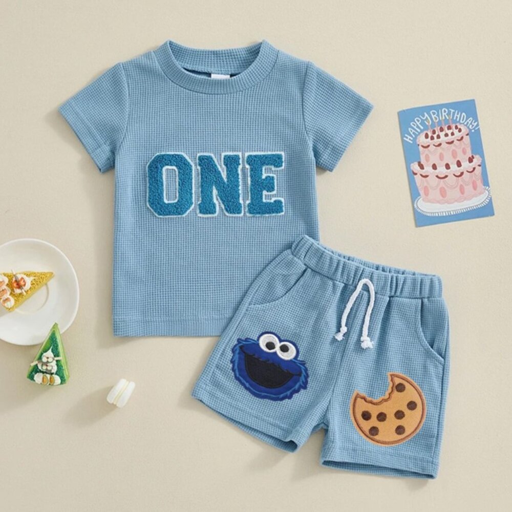 Blue Boy First Birthday Outfit Clothes Shirt Cookie Monster Shorts Sesame Street